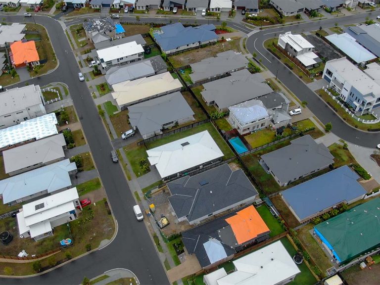 Aerial view of residential properties