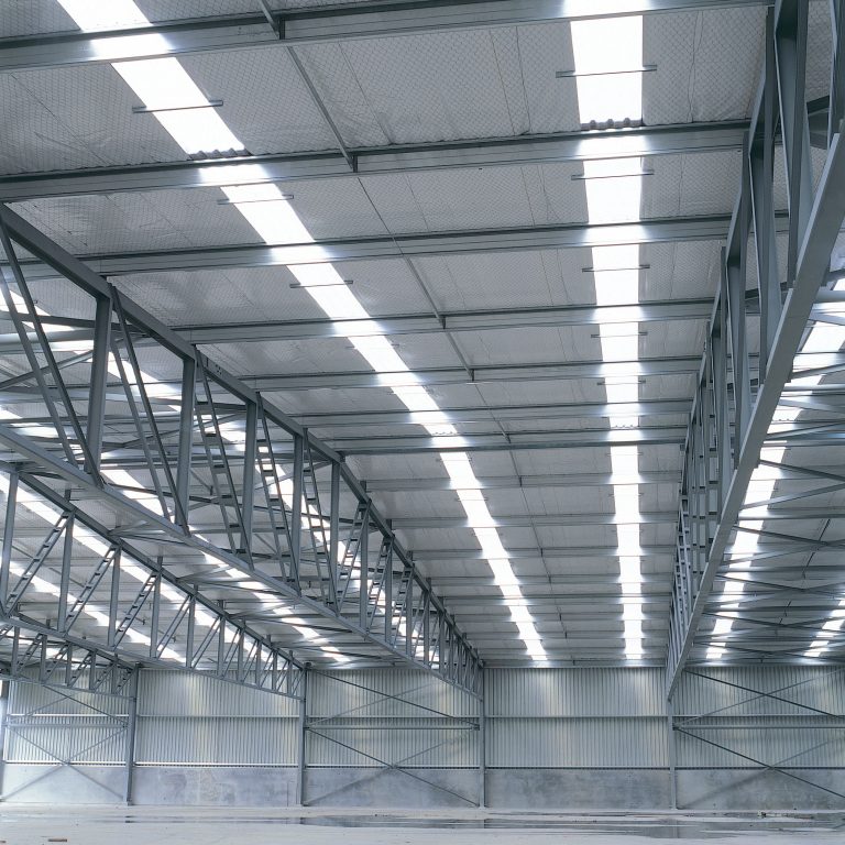 Translucent roofing sheets bringing light into a large industrial building.