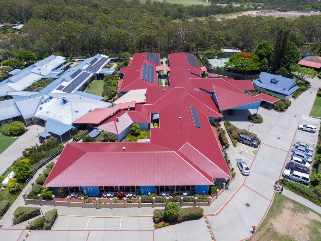 Red metal roofing on a building