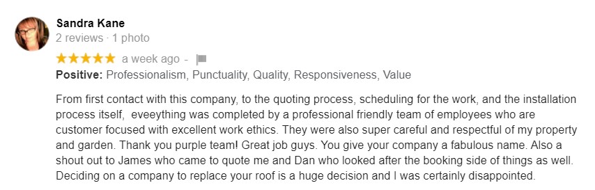 Roofing review from Sandra Kane