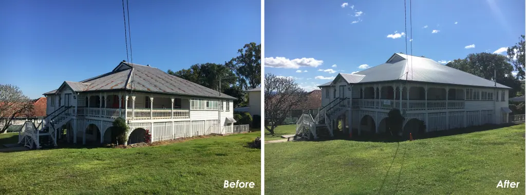 Roof replacement before and after on a Queenslander home