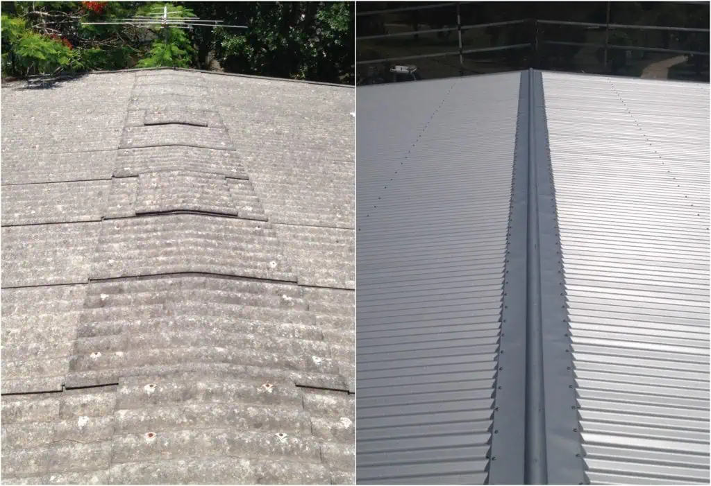 Before and after photographs side by side of the same roof before and after new roofing has been installed by Vantage Point