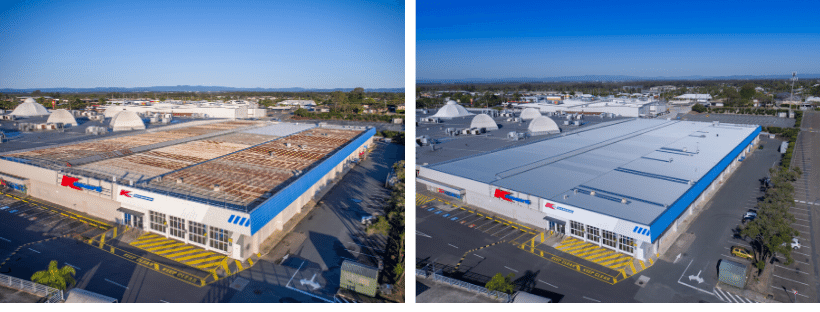 Commercial roof replacement on the K-Mart building before and after with translucent roof sheeting