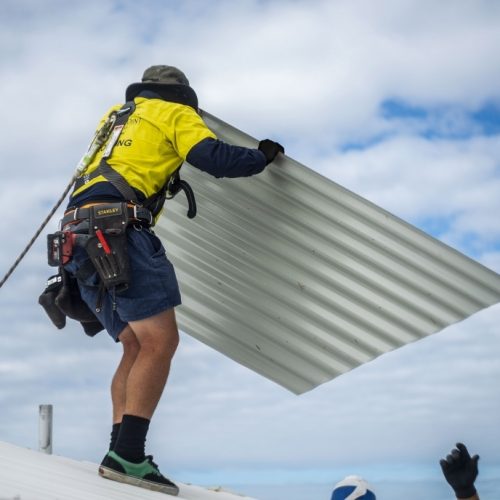 Expert roofer holding a metal roof panel